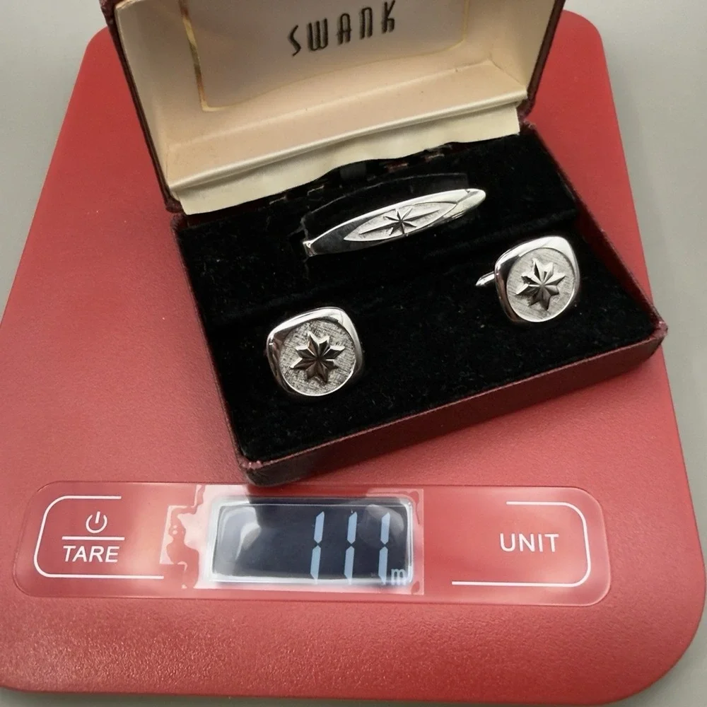 Swank Cufflinks Tie Clip Set Silver Tone Starburst Textured Mens Jewelry Boxed